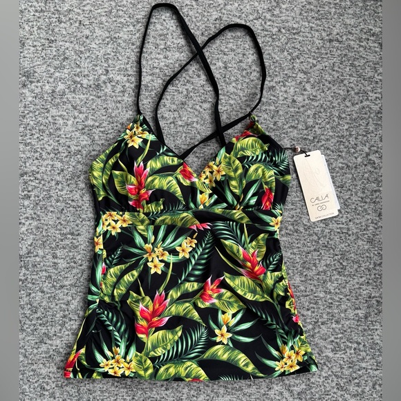 Calia Paradise Palm Black Strappy Ruched Takini Bathing Suit Top - Picture 1 of 8